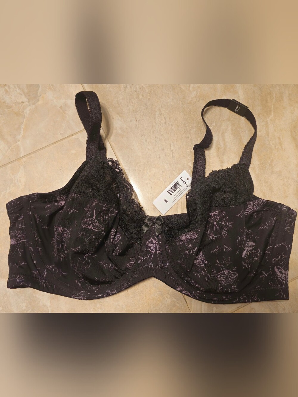 Torrid Black Lace Trim Underwire Bra with Purple Print